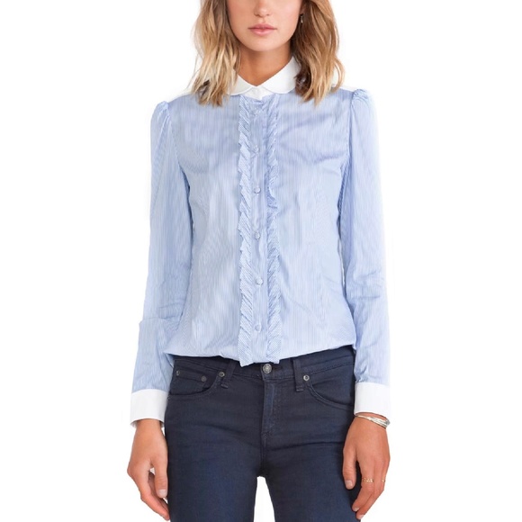 Red Valentino Blue Ruffle Button Down Women Shirt size 4 / EU 42